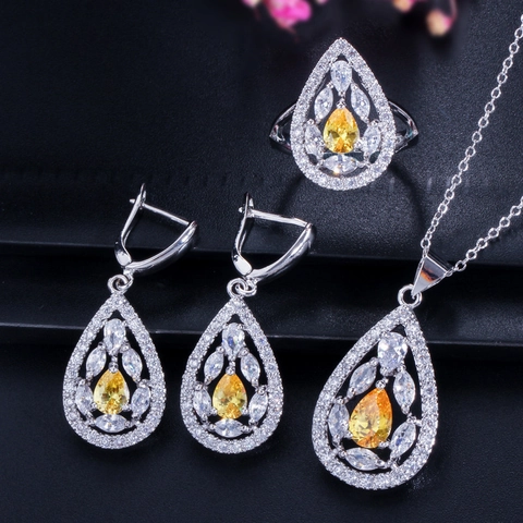 Luxe Zirkonia Koperen Sieradenset Traan Hanger Ketting Oorbellen Ring Voor Bruiloft Banket Vrouwen Mode Sieraden