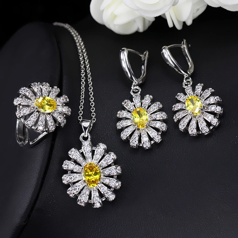 Vintage Koper Zirkonia Madeliefje Sieradenset Voor Dames Witgoud Verguld Zonnebloem Ketting Oorbellen Ring Sieradenset
