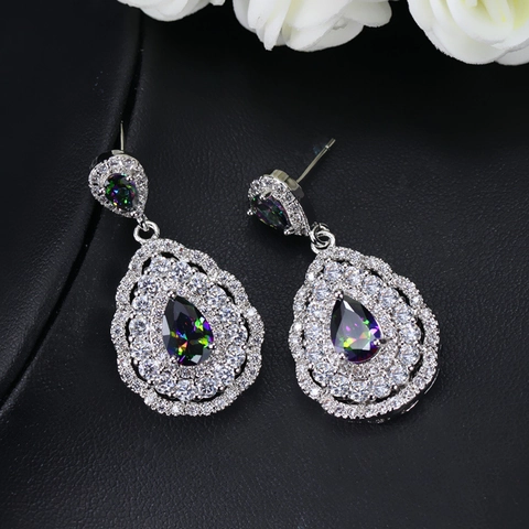 Luxury Copper Pear Shaped Drop Earrings For Women Exquisite Zirconia Aurora Borealis Crystal Teardrop Gold Plated Jewelry