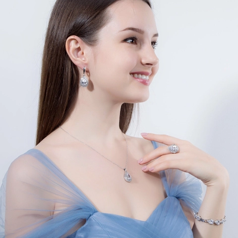 Luxe Koper Zirconia Sieradenset Peervormige Traan Ketting Oorbellen Ring Voor Vrouwen Bruiloft Feest Elegante Sieraden