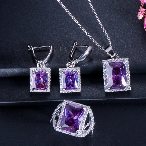 Luxe Koperen Zirconia Sieradenset Voor Dames Rechthoekig Emerald Cut Halo Ketting Oorbellen Ring Bruiloft Banket Sieraden Accessoires