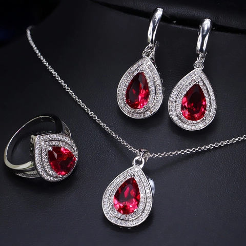 Luxe Koper Zirconia Sieradenset Peervormige Traan Ketting Oorbellen Ring Voor Vrouwen Bruiloft Feest Elegante Sieraden