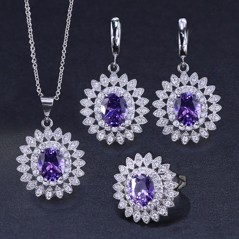 Luxe Koperen Zirconia Zonnebloem Sieradenset Voor Dames Elegante Ovale Steen Bloem Ketting Oorbellen Ring Voor Bruiloft Feest