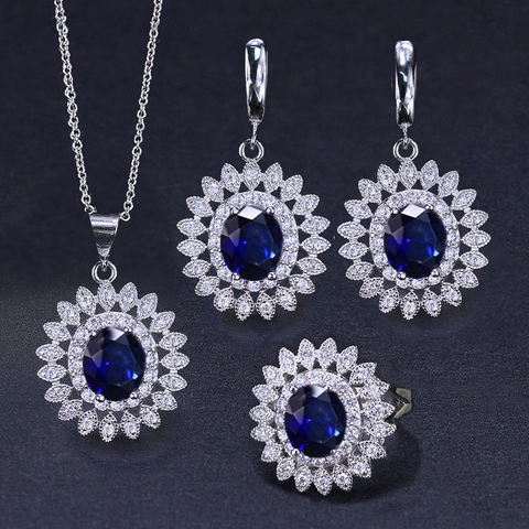 Luxe Koperen Zirconia Zonnebloem Sieradenset Voor Dames Elegante Ovale Steen Bloem Ketting Oorbellen Ring Voor Bruiloft Feest