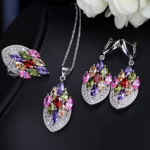 Luxe Koperen AAA Zirkonia Sieradenset Marquise Slijpvorm Blad Ketting Oorbellen Ring Voor Bruiloft Vrouwen Sieraden