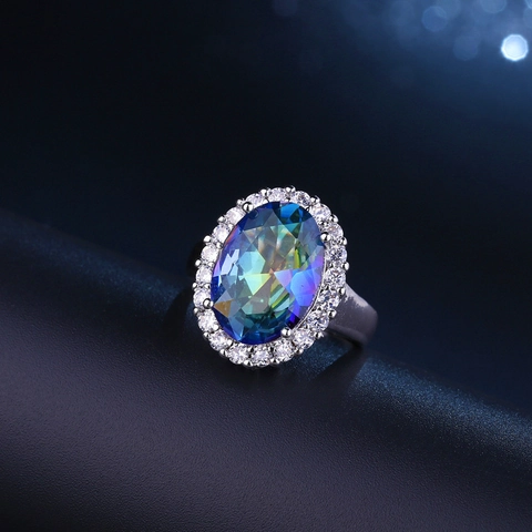 Anillo de Topacio Místico de Corte Ovalado de Lujo Para Mujer Cobre Zirconia AAA Engaste Halo Piedra Arcoíris Joyería Vintage