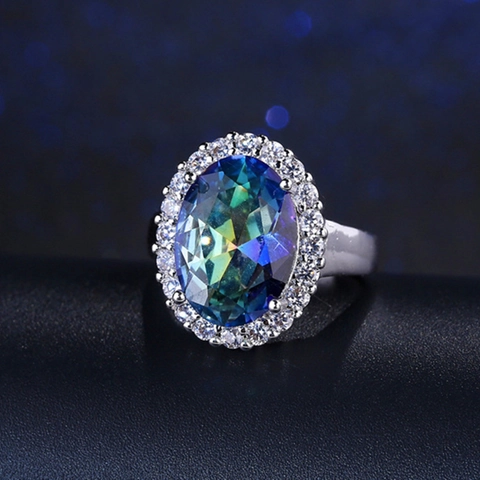 Anillo de Topacio Místico de Corte Ovalado de Lujo Para Mujer Cobre Zirconia AAA Engaste Halo Piedra Arcoíris Joyería Vintage