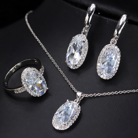 Luxury Copper Zirconia Jewelry Collection For Women Oval Cut Halo Pendant Necklace Earrings Ring Bridal Wedding Party Accessory