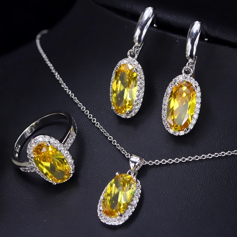Luxury Copper Zirconia Jewelry Collection For Women Oval Cut Halo Pendant Necklace Earrings Ring Bridal Wedding Party Accessory