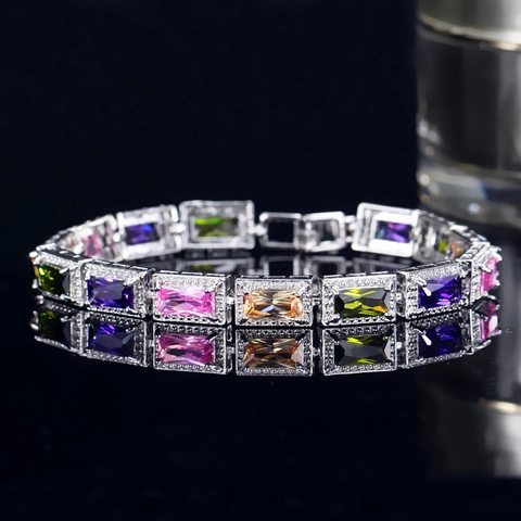 Bracelet de Luxe en Zircone Rectangulaire pour Femme en Cuivre Plaqué Or Géométrique Pierre Colorée Bijoux de Mariage
