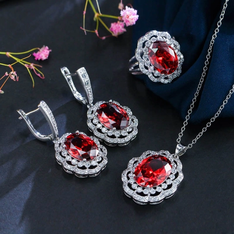 Luxe Koper Zirconia Bloem Sieradenset Voor Dames Elegant Ovaal Edelsteen Hanger Ketting Oorbellen Ring Bruid Bruiloft Feest Sieraden