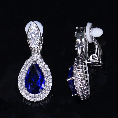 Luxe Koperen Zirconia Clip On Oorbellen Waterdruppel Peervormige Halo Hangende Oorbellen Voor Bruiloft Bruid Banket Vrouwen Sieraden