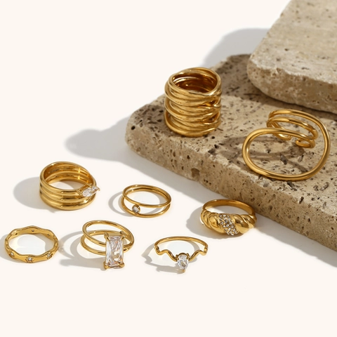 Moderni Anelli in Acciaio Inossidabile per Donna Placcati Oro 18K Zirconia Geometrici Sovrapponibili Doppio Strato Gioielli di Moda