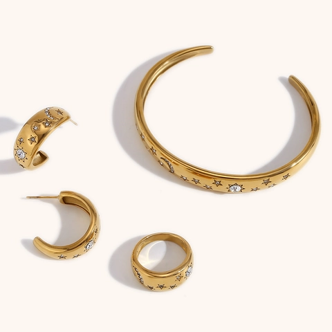 Stainless Steel Star Moon Jewelry Set 18K Gold Plated Rhinestone Cuff Bracelet Hoop Earrings Wide Band Ring For Women