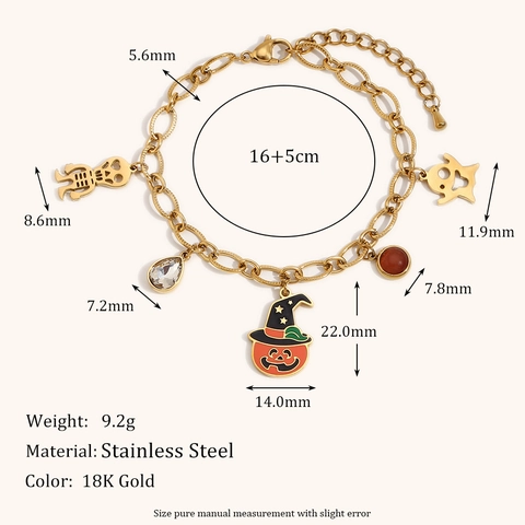 Bracciale con Ciondoli di Halloween in Acciaio Inossidabile Placcato Oro Zucca Teschio Fantasma per Donna Gioielli di Moda