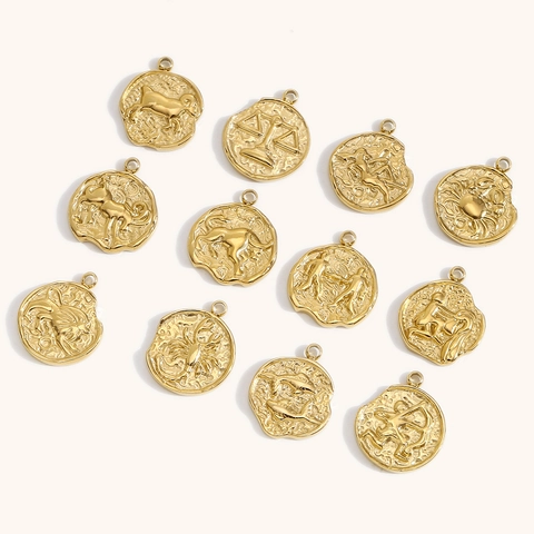Vintage Stainless Steel 18K Gold Plated Twelve Zodiac Signs Relief Coin Pendant DIY Jewelry Findings For Women Necklaces