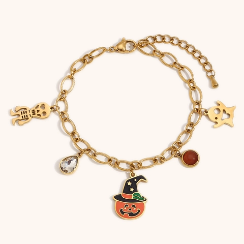 Bracciale con Ciondoli di Halloween in Acciaio Inossidabile Placcato Oro Zucca Teschio Fantasma per Donna Gioielli di Moda