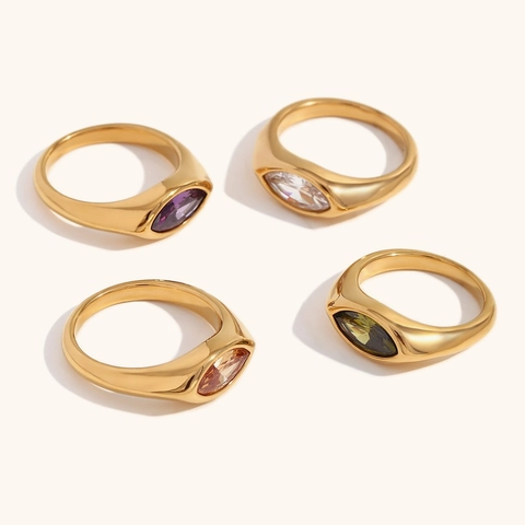Anillo de Sello de Acero Inoxidable 316L Chapado en Oro 18K Con Zirconia Corte Marquesa Estilo Francés Minimalista Para Mujer Joyería de Fiesta