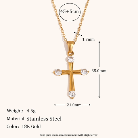 Collar con Colgante de Cruz de Acero Inoxidable Minimalista Bañado en Oro 18K con Strass Incrustado Joyería Religiosa Mujer