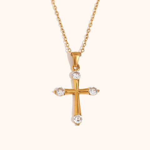 Collar con Colgante de Cruz de Acero Inoxidable Minimalista Bañado en Oro 18K con Strass Incrustado Joyería Religiosa Mujer