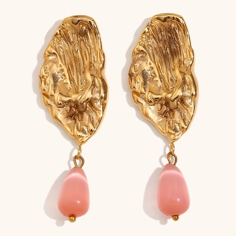 Vintage Stainless Steel 18K Gold Plated Butterfly Wing Drop Earrings Pink Gemstone Cat Eye Stone Dangle Earrings For Women