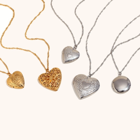Stainless Steel 18K Gold Plated Heart Round Locket Necklace For Women Vintage Hollow Photo Pendant Storage Jewelry Gift