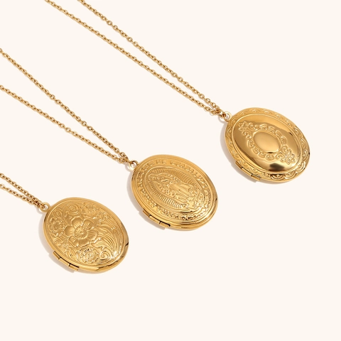 Stainless Steel Gold Plated Oval Locket Pendant Necklace Openable Religious Flower Mirror Vintage Fashion Jewelry For Women Gift