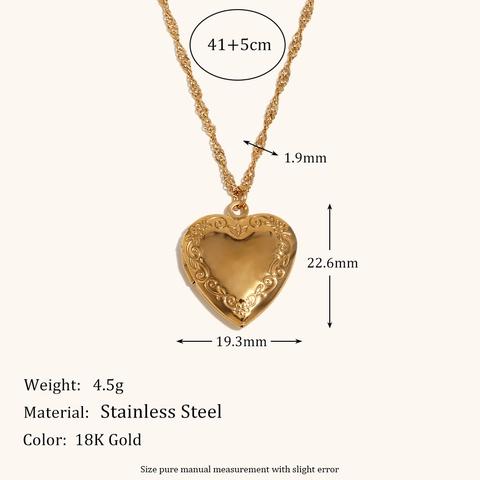 Stainless Steel 18K Gold Plated Heart Round Locket Necklace For Women Vintage Hollow Photo Pendant Storage Jewelry Gift