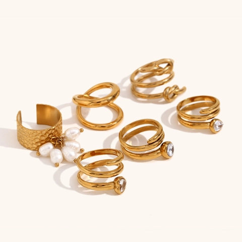 Anillo de Acero Inoxidable para Mujer Bañado en Oro de 18K Doble Capa Corazón Strass Perla Artificial Borla Martillado Nudo Anillo Abierto