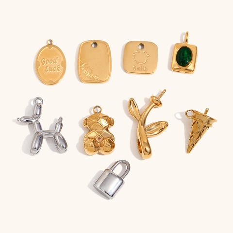 Stainless Steel Pendant Charms 18K Gold Plated Zirconia Robot Bear Balloon Dog Padlock Smile Geometric DIY Jewelry Making