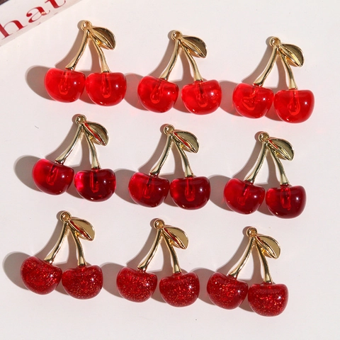 3D Cherry Resin Alloy Charms For DIY Jewelry Making Crafts Glitter Fruit Red Pendants For Earrings Necklaces Accessories