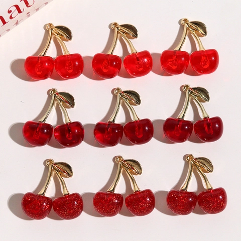 3D Cherry Resin Alloy Charms For DIY Jewelry Making Crafts Glitter Fruit Red Pendants For Earrings Necklaces Accessories