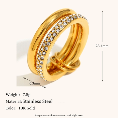 Stainless Steel 18K Gold Plated Double Layer Ring Women Zirconia Inlaid Geometric Fashion Interlocking Jewelry Finger Ring