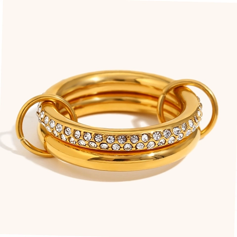 Stainless Steel 18K Gold Plated Double Layer Ring Women Zirconia Inlaid Geometric Fashion Interlocking Jewelry Finger Ring