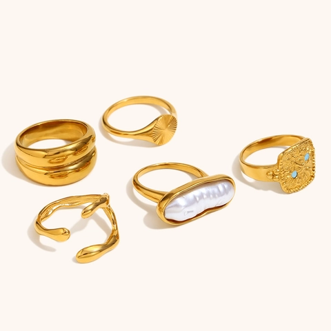 Stainless Steel 18K Gold Plated Irregular Geometric Rings For Women Baroque Artificial Pearl Sunburst Hammered Fashion Ring