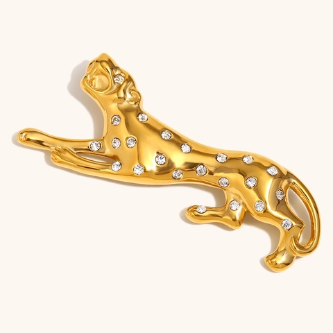 Luxus Edelstahl Springender Leopard Brosche Für Damen Gold Beschichtet Voll Zirkonia Tier Pin Elegant Mode Schmuck Zubehör