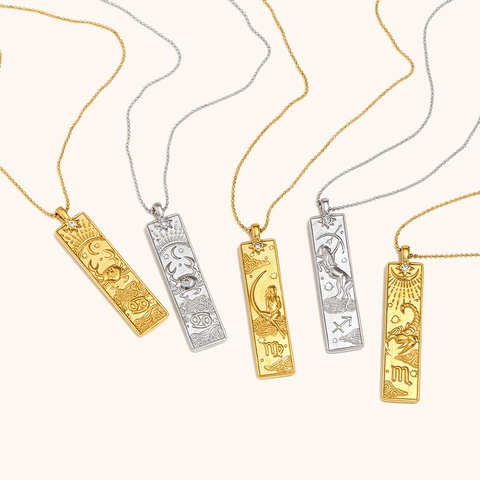 Collar Con Colgante de Placa Cuadrada de Constelación de Acero Inoxidable para Mujer Joyería de Cadena de Bolas de Strass Geométrica Galvanizada