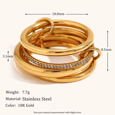 Anillo de Varias Capas de Acero Inoxidable Entrelazado para Mujer Chapado en Oro 18K Zirconia Micro-Pavé Joyería