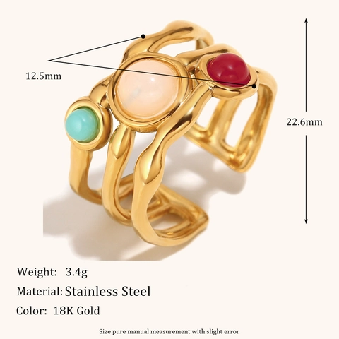 Vintage Bohemian Stainless Steel 18K Gold Plated Open Ring For Women Turquoise Pearl Green Aventurine Adjustable Finger Ring Jewelry