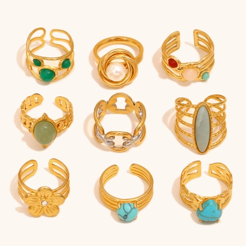 Vintage Bohemian Stainless Steel 18K Gold Plated Open Ring For Women Turquoise Pearl Green Aventurine Adjustable Finger Ring Jewelry