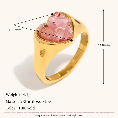 Bague Cœur Vintage en Acier Inoxydable pour Femme Plaqué Or 18K Incrustation Pierre Naturelle Bijoux de Mode Cadeau
