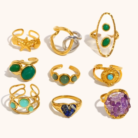 Bagues Ouvertes en Acier Inoxydable Plaqué Or 18K Pierre Naturelle pour Femmes Vintage Étoile de Mer Cœur Bijoux Réglables