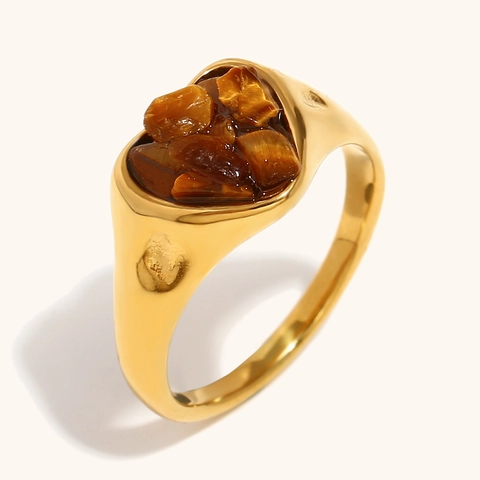Bague Cœur Vintage en Acier Inoxydable pour Femme Plaqué Or 18K Incrustation Pierre Naturelle Bijoux de Mode Cadeau