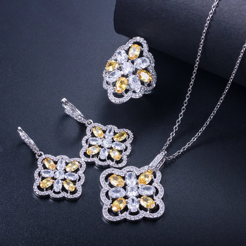 Luxe Koper Zirconia Bloem Sieradenset Met Ketting Oorbellen En Ring Holle Etnische Stijl Sieraden Voor Vrouwen Bruiloft