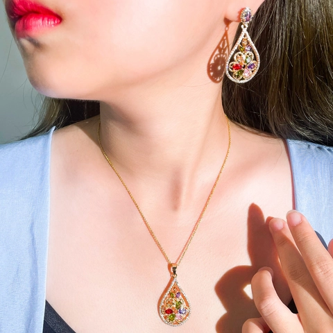Lujoso Juego de Joyas de Cobre con Circonia Colorida Collar con Colgante de Flor de Gota y Pendientes para Boda Mujer