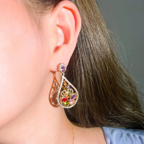 Luxurious Copper Zirconia Waterdrop Earrings For Women Champagne Gold Plated Colorful Floral Dangle Earrings Formal Party Jewelry