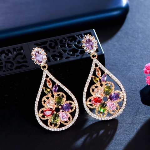 Luxurious Copper Zirconia Waterdrop Earrings For Women Champagne Gold Plated Colorful Floral Dangle Earrings Formal Party Jewelry