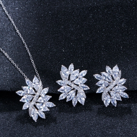 Luxury Copper Zirconia Jewelry Set Marquise Leaf Pendant Necklace And Stud Earrings Silver Color Wedding Party Women Jewelry