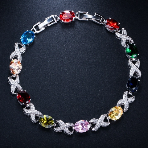 Luxury Copper Zirconia Bracelet Multi-Color Oval Cut Gemstones XO Link Chain Electroplated Jewelry For Wedding Banquet Party