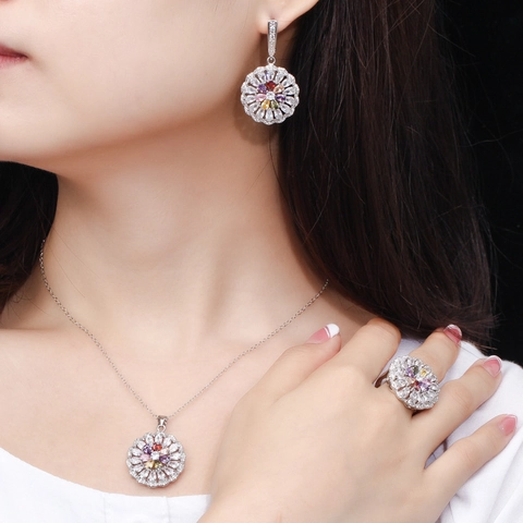 Luxe Koper Zirconia Bloem Sieradenset Voor Vrouwen Zonnebloem Ketting Oorbellen Ring Verzilverd Bruid Bruiloft Feest Sieraden